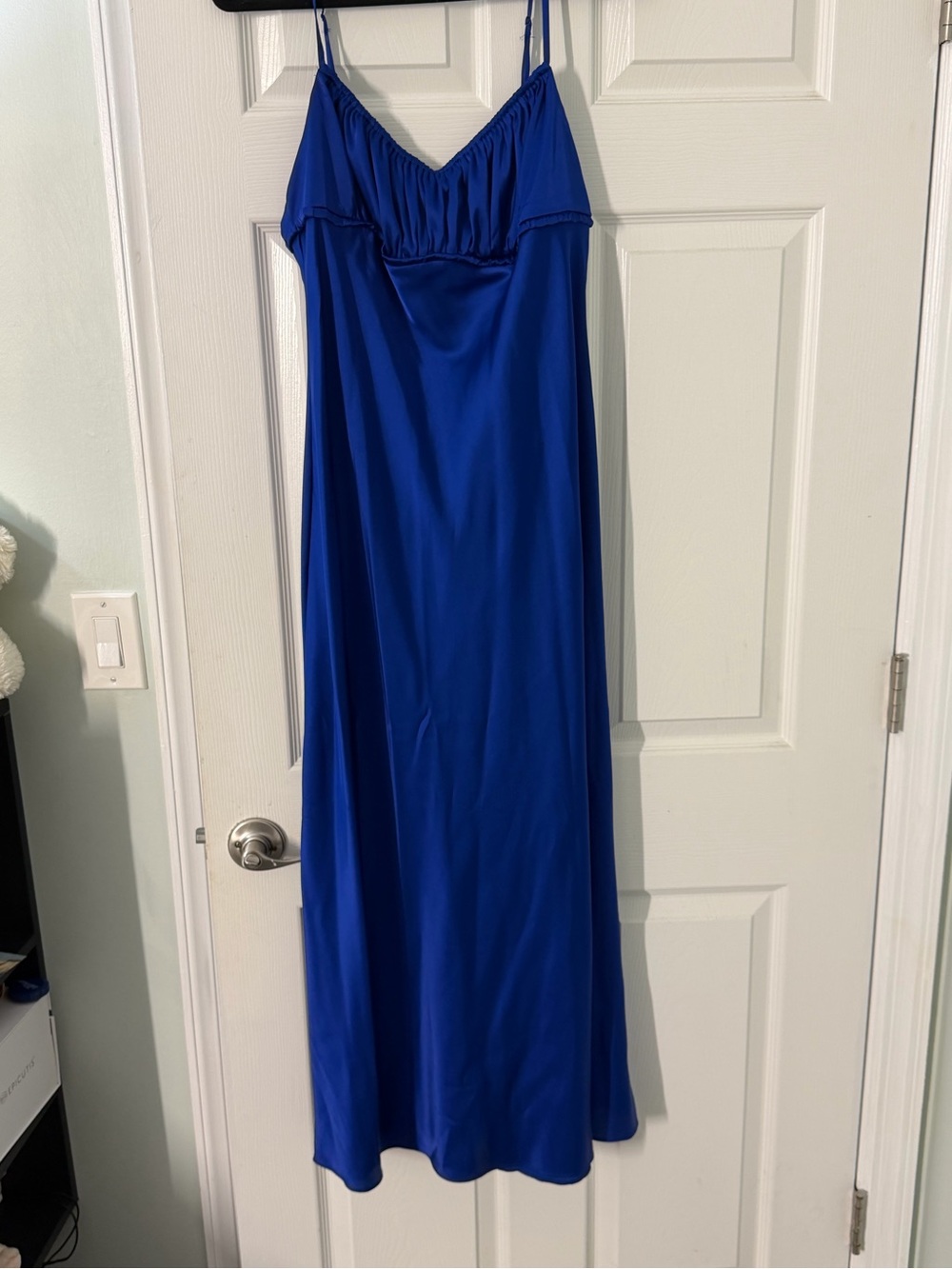 B Darlin Cobalt Blue Satin Maxi Slip Dress with Spaghetti Straps